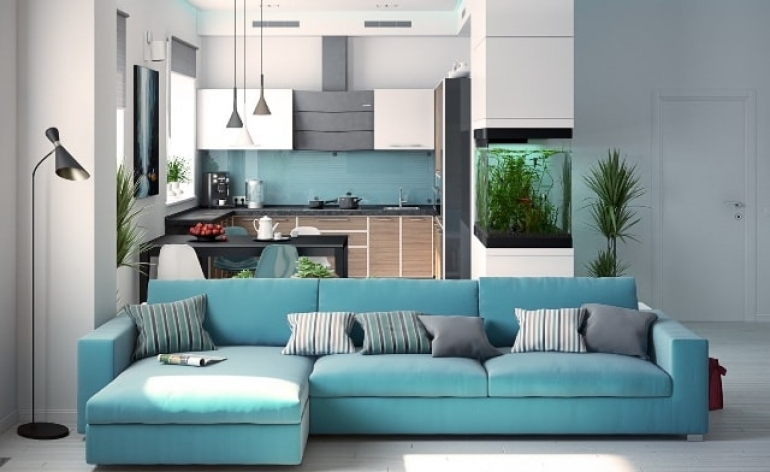 Голубой диван в интерьере: с чем сочетать, фото